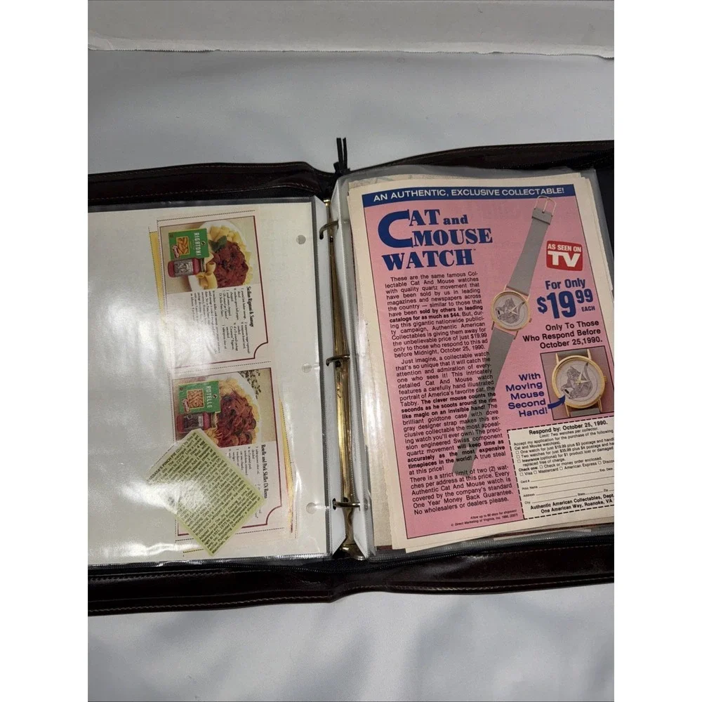 Recipes Collection Magazine Clippings ,ads , Zip Leather Binder , Vtg , Ephemera